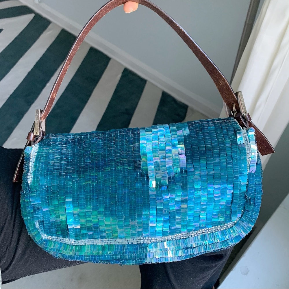 FENDI Navy Blue Sequin Beaded Shoulder Baguette Vintage 90s Bag - Picture 7 of 16